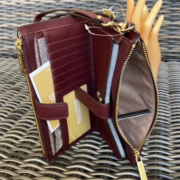 Michael Kors Jet Set Travel Large Double Zip Wristlet Wallet Dark Cherry Leather - Picture 13 of 16